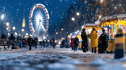 Obraz premium Winter Carnival at Night with Ferris Wheel and Snow