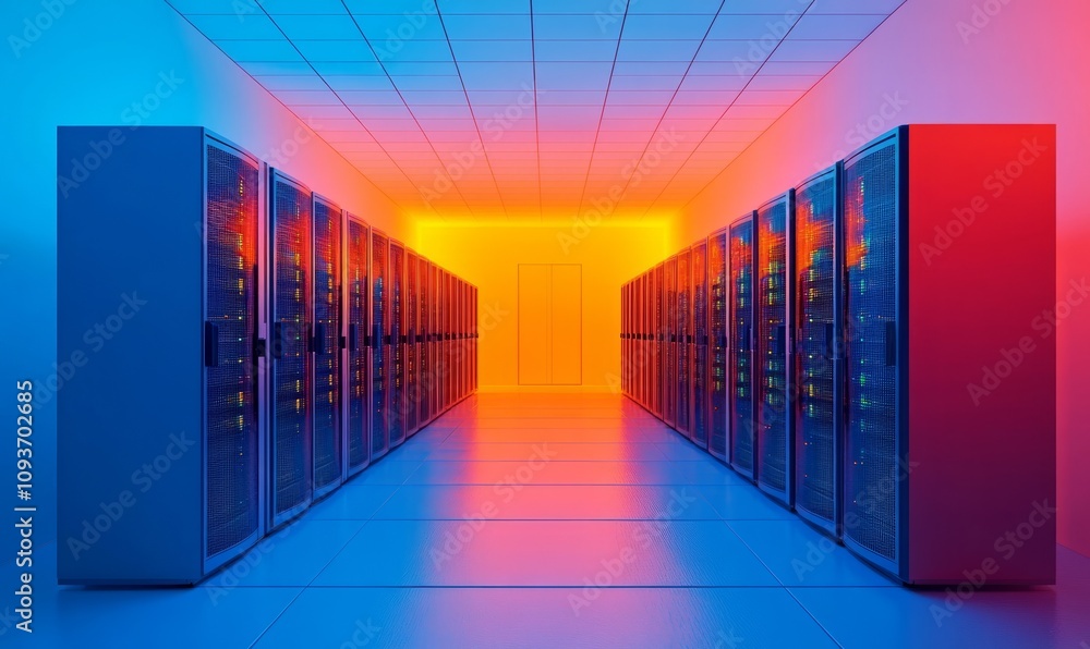 Poster different perspective of server in a row. gradient blue and orange background
