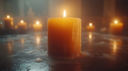 A single lit candle surrounded by others, melting wax on a dark surface.