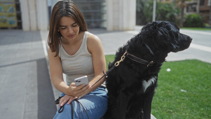 Young hispanic woman sitting on an urban street with her labrador dog, looking at her phone outdoors in a city park.