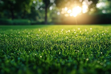Fototapeta premium Close-up View of Lush Green Grass with Defocused Sunlight