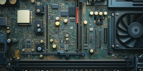 Fototapeta premium A computer technician is fixing a PC. They're replacing parts on the motherboard using a screwdriver. This shows computer hardware upgrades and technology.