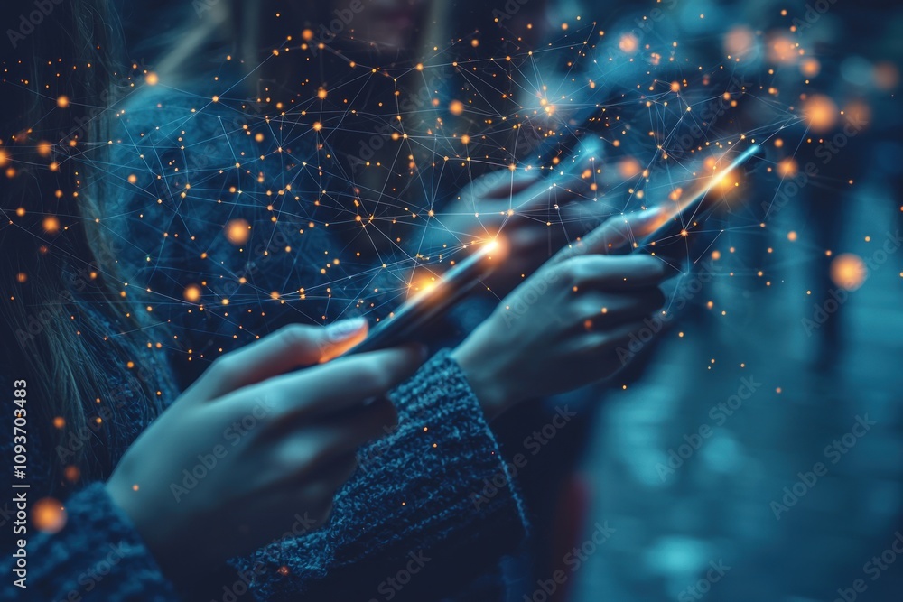Poster A Person's Hands Holding a Smartphone with a Network of Orange Lights and Lines in the Background