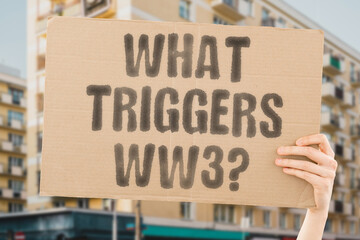 The phrase 'What triggers WW3?' on a banner in a person's hand. Human holds a cardboard with an...