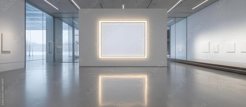 Poster empty gallery room with illuminated frame and minimalist decor