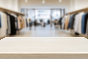 Obraz premium Blurred background of a clothing store with a focus on a wooden table, showcasing neatly folded apparel and accessories, creating a stylish and inviting retail display