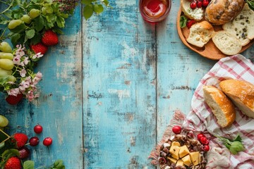 Fresh bread and assorted fruit displayed on a rustic wooden table in bright lighting