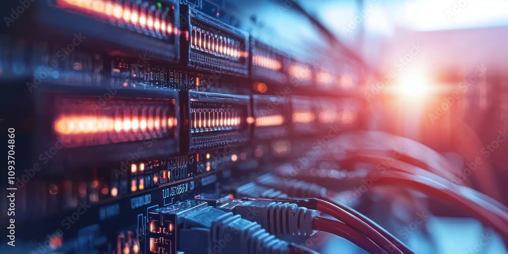 Poster close-up of server racks with network cables and glowing lights