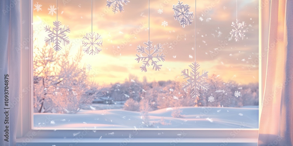 Poster snowflakes hanging in a window with a wintery view