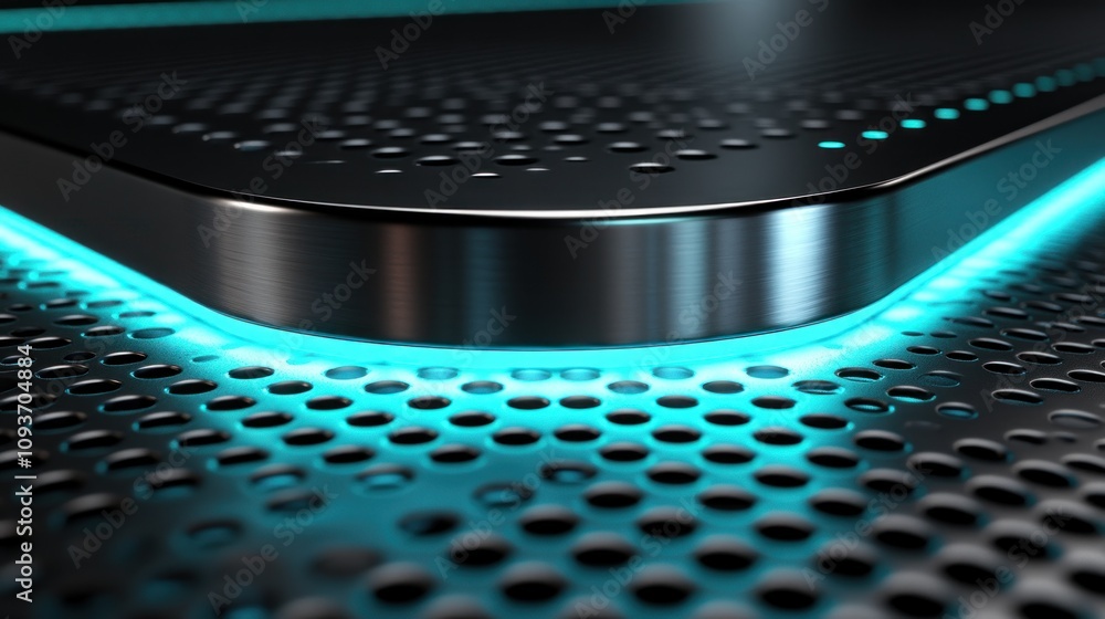 Poster close-up of a futuristic, glowing metallic surface with a perforated pattern.