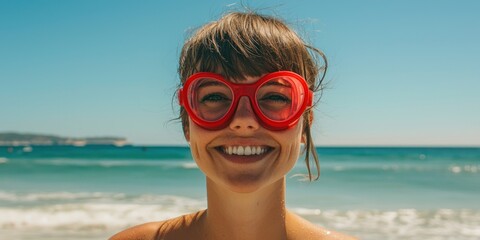 Fototapeta premium A Woman Wearing Red Goggles Smiles Against a Beach Background