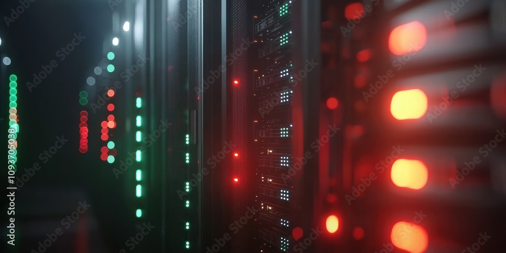 Poster server rack with red and green indicator lights