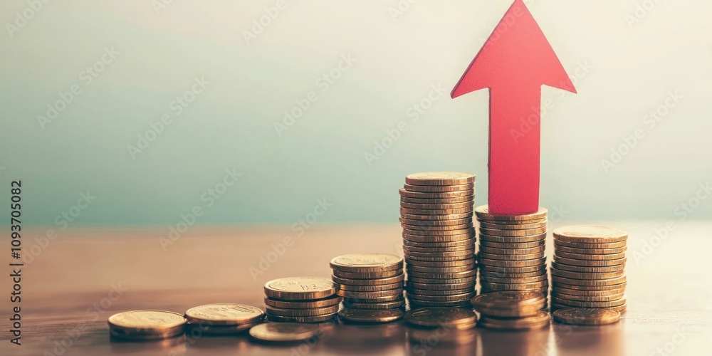 Aufkleber stacks of coins with a red upward arrow
