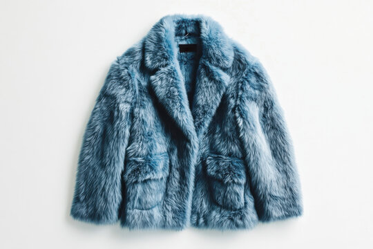 Blue short faux fur coat made from cruelty-free synthetic materials, displayed in a flat lay view on white background, ideal for branding, mockups, and sustainable fashion projects
