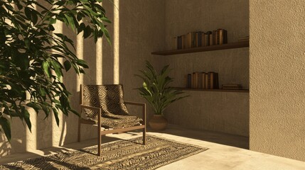 Modern-Tribal Reading Nook with Cozy Chair and Books in Soft Natural Light - 3D Rendered Interior Design Illustration