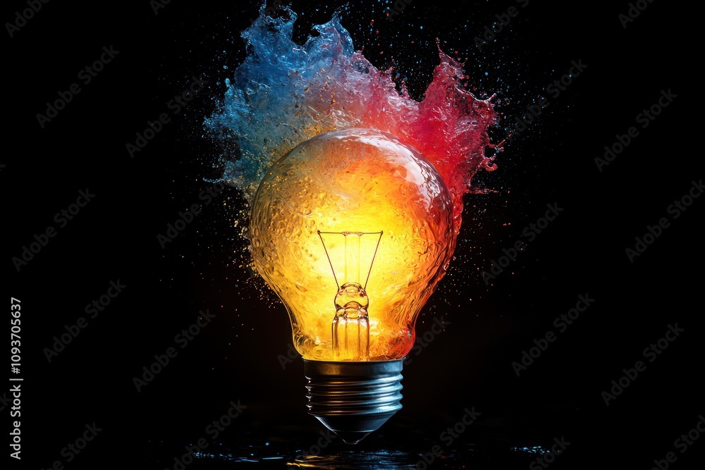 Poster illuminated light bulb surrounded by colorful splash