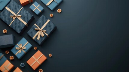 Elegant gift boxes with gold ribbons on dark background for holiday celebration, anniversary, or luxury event decor featuring orange and blue themes