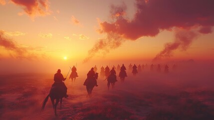 Obraz premium Silhouettes of Horsemen Riding Through a Foggy Sunset Landscape