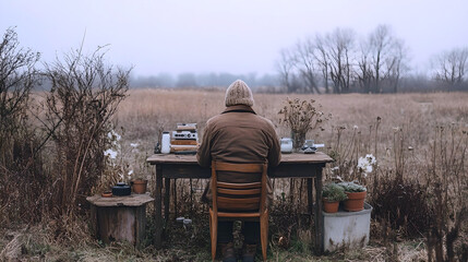 Writer working outdoors in serene rural landscape  
