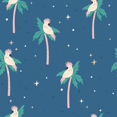 Christmas seamless pattern with adorable Australian cockatoo parrots. Holiday surface design for gift box, prints, fabric, wrapping paper