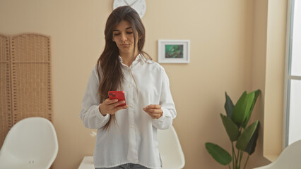 A young attractive hispanic brunette woman uses her phone in an indoor waiting room with white chairs, plants, and a clock on the wall.