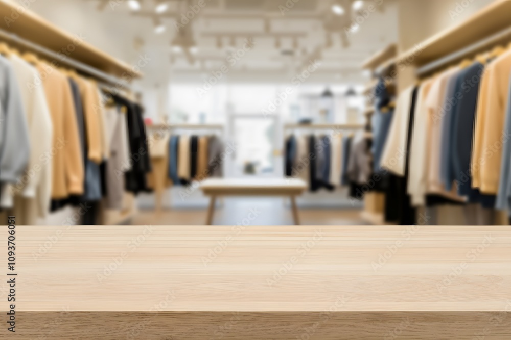 Poster blurred background of a clothing store with a focus on a wooden table, showcasing neatly folded appa