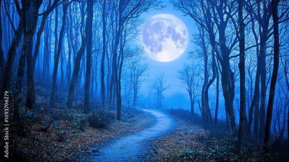 Poster a path through a misty forest under a full moon