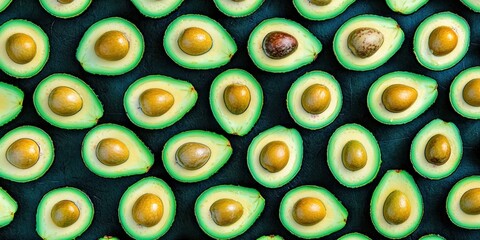 Fototapeta premium Close-up of Halved Avocados Arranged in a Pattern on a Dark Surface