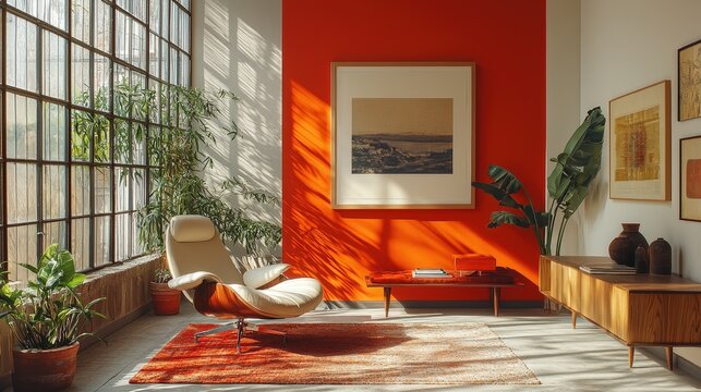 Modern living room with red accent wall and cozy armchair