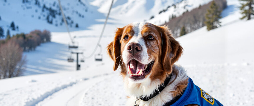 St. Bernard in ski patrol jacket on snowy slope, winter safety