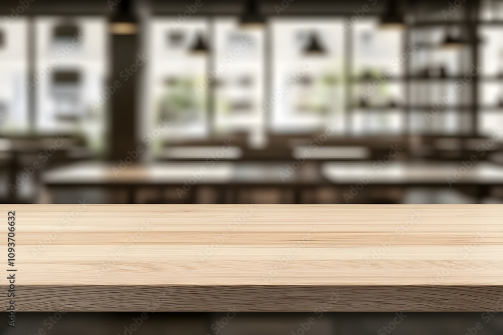 Poster blurred background of a co-working space with a focus on a wooden table, emphasising it’s natural te