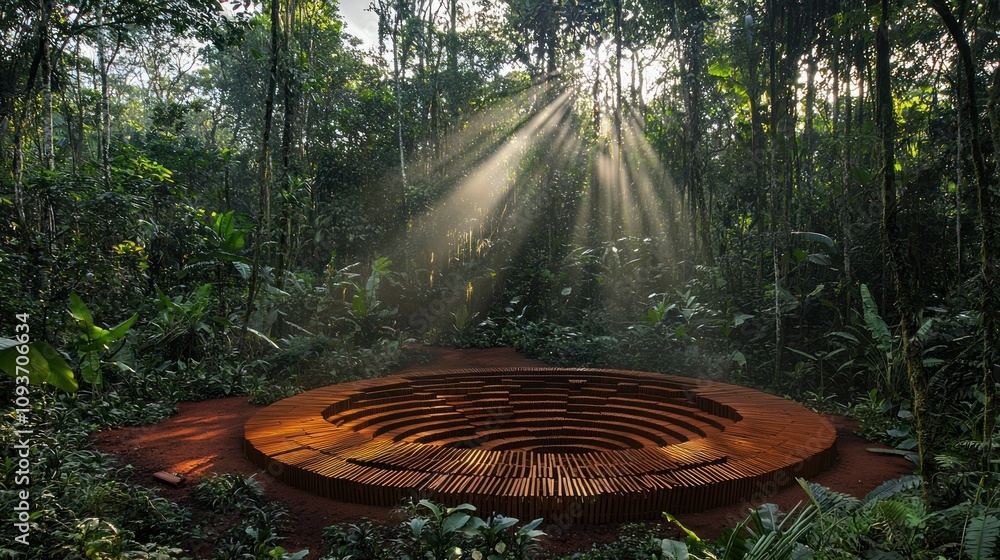 Poster circular brick structure in a lush rainforest with sunbeams breaking through the canopy