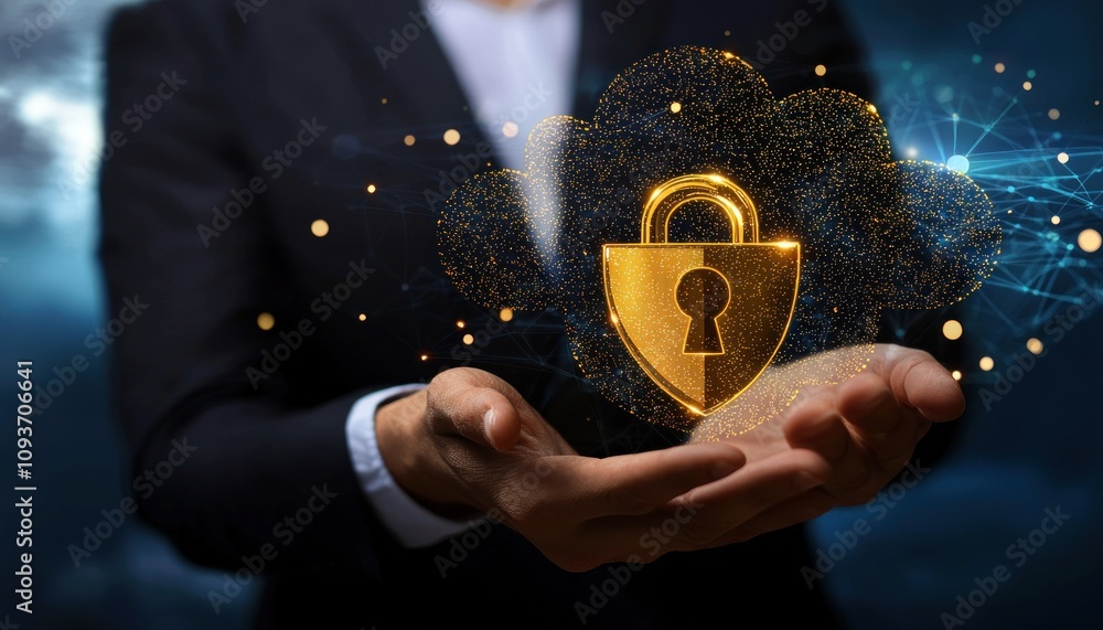 Aufkleber person holding a golden cloud with a lock representing data security