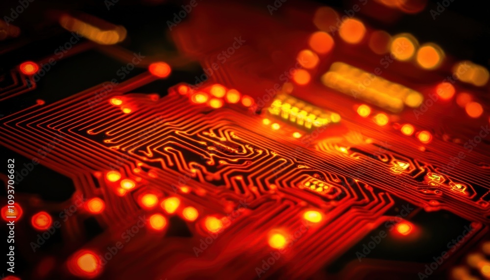 Poster Close-up of Illuminated Red Circuit Board with Intricate Traces