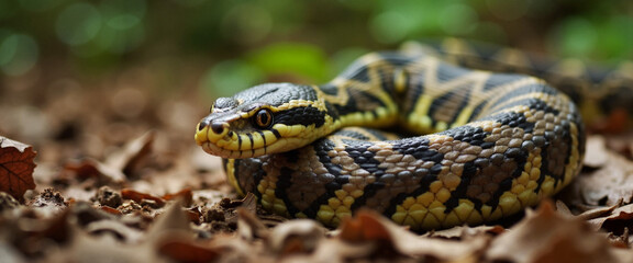 Fototapeta premium Snake shedding skin on forest floor, renewal and transformation
