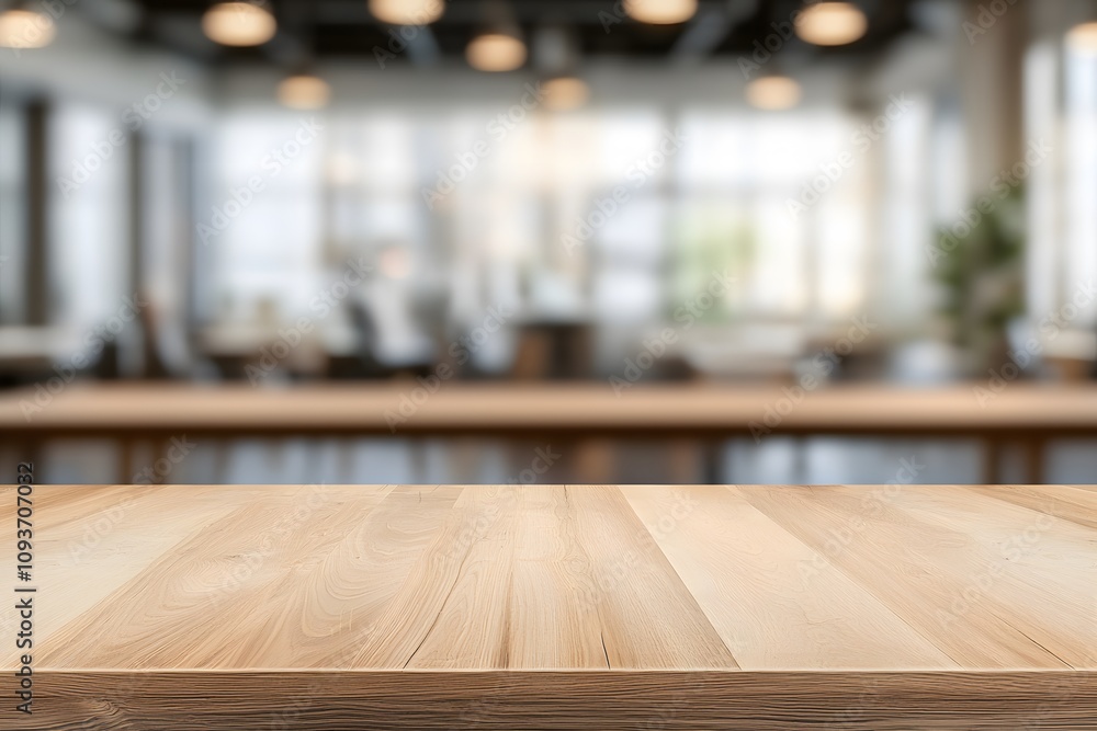 Poster blurred background of a co-working space with a focus on a wooden table, emphasising it’s natural te