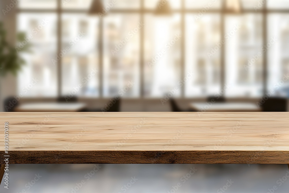 Poster blurred background of a co-working space with a focus on a wooden table, emphasising it’s natural te