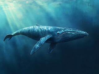 Fototapeta premium A blue whale gliding majestically through the ocean