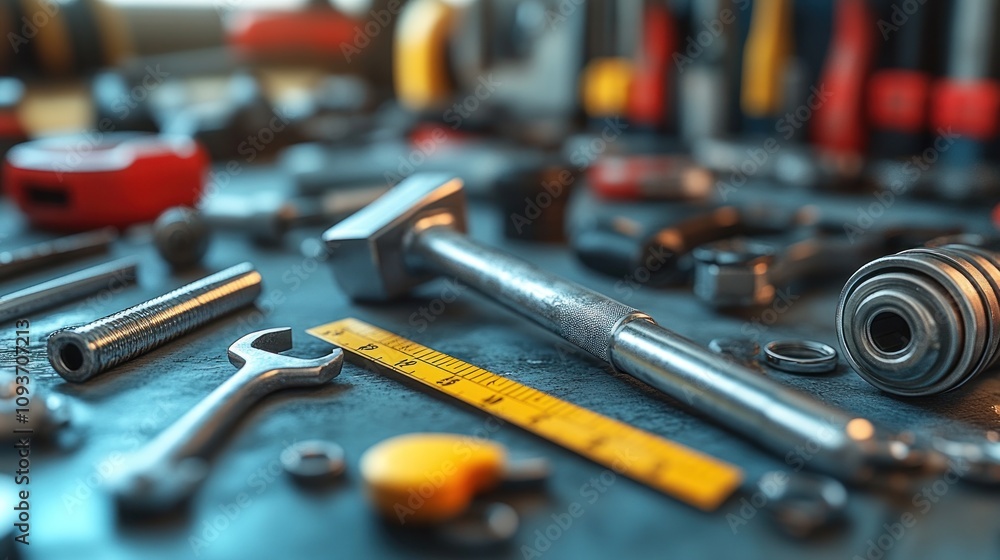 Poster close-up of assorted tools on workbench.