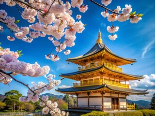Tranquil Japanese Zen Garden Featuring Cherry Blossoms and a Majestic Golden Pagoda Under a Clear Blue Sky, Celebrating Serenity and Nature's Beauty in Minimalist Style