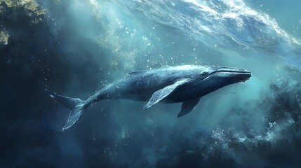 Fototapeta premium A blue whale gliding majestically through the ocean