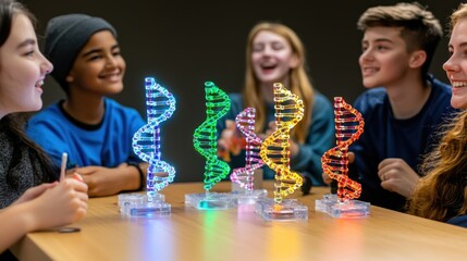 Fototapeta premium A group of young people sitting at a table with glowing DNA models