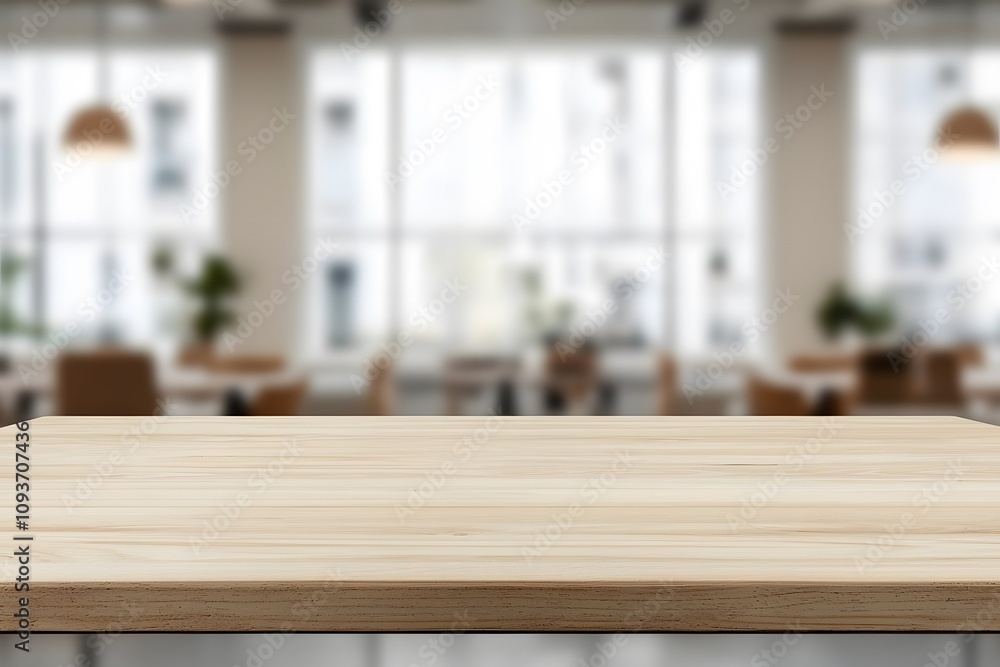 Poster blurred background of a co-working space with a focus on a wooden table, emphasising it’s natural te