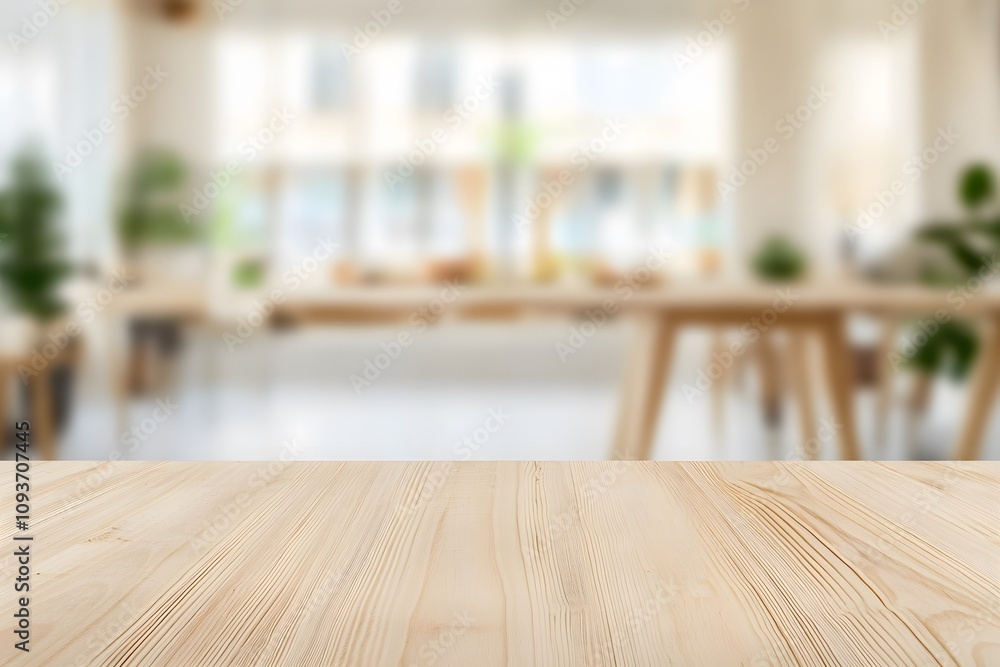 Poster blurred background of a co-working space with a focus on a wooden table, emphasising it’s natural te