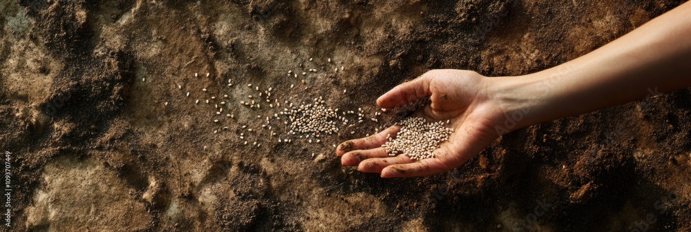 Aufkleber seeds are scattered by hand over prepared soil, symbolizing new growth in a garden during the spring