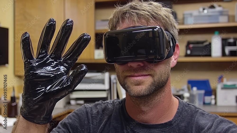 Poster man wearing a vr headset and black gloves interacting with a virtual environment