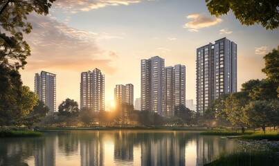 Fototapeta premium Tall Residential Towers Reflect in Calm Water at Sunset in a Serene Urban Park Setting Surrounded by Lush Greenery