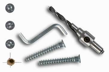 Carpentry accessories for connecting boards with screws. Isolated background.
