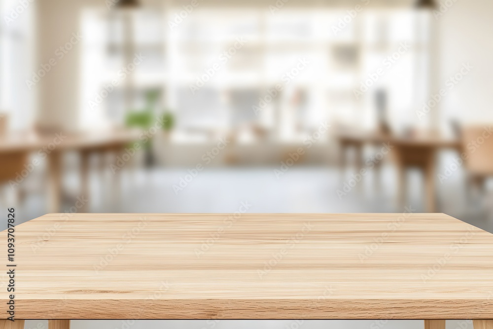 Poster blurred background of a co-working space with a focus on a wooden table, emphasising it’s natural te