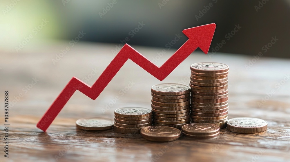 Aufkleber red arrow pointing upward over stacks of coins